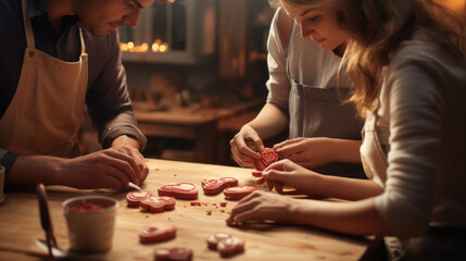 A couple making heart-shaped cookies for Valentines Day.