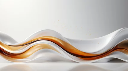 Fotobehang  a white, orange and brown wave of liquid on a white background with a gold sprinkle on the top of the wave and bottom of the wave of the wave. © Nadia