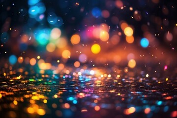 Multicolor bokeh, raining light, blurry lights, blurry background, rainbow confettis on a black background, colorful, night lights, city lights, haze, depth of field, round bokeh, circle bokeh