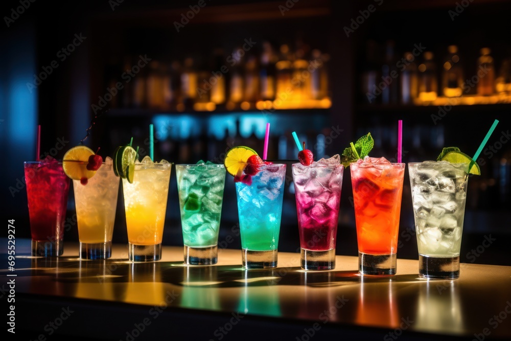 Poster a row of colorful cocktails sitting on top of a bar next to a bar filled with bottles of alcohol and