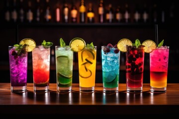  a row of colorful cocktails sitting on top of a wooden table next to a bottle of alcohol and a glass filled with lemon, rasp, lime, lime, blueberry, rasp, and lime.