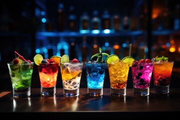  a row of different colored drinks sitting on top of a wooden table in front of a neon lit bar behind a row of glasses with limes and cherries.