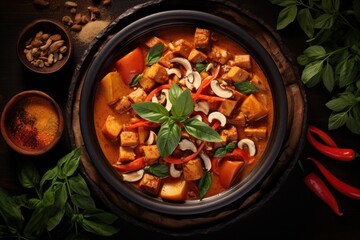  a bowl of food on a table next to a bowl of spices and a bowl of pepper, mushrooms, carrots, and basil on top of a wooden table.