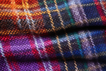 Multicolored tartan made from wool yarn, often used for crafting and needlework, close-up shown on background.