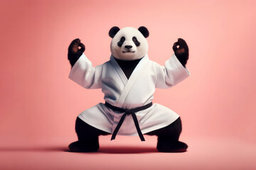 Funny panda bear in white kimono exercising yoga or Asian martial arts. Legs wide stance, paws in air. ai generative