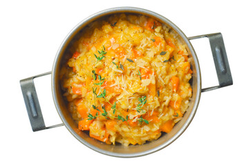 Pumpkin Risotto with Thyme and Parmesan, Italian Cuisine on White Background