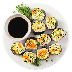 Vegan Sushi Rolls with Fresh Vegetables and Quinoa, Tasty Vegetarian Meal on White Background