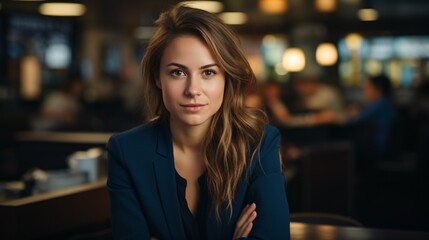 Fototapeta premium Resolute to succeed at any expense, capturing a striking young executive standing solo in the workplace with arms crossed during a late work session.