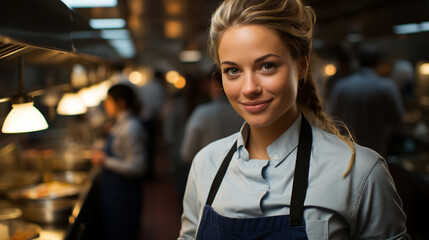 
Young waitress working in a restaurant. Blonde woman wearing apron and working in the kitchen of a bar. Girl chef happy at her work. - obrazy, fototapety, plakaty