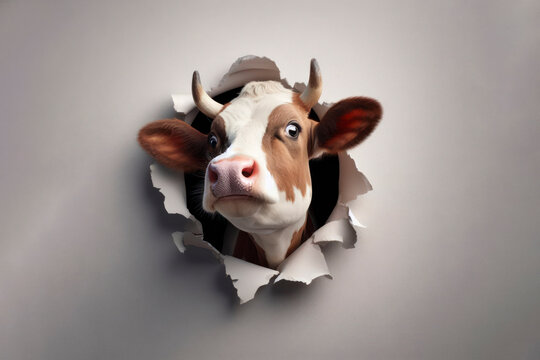realistic photo of a Funny cow looks into the camera peeking out of a hole in wall. ai generative