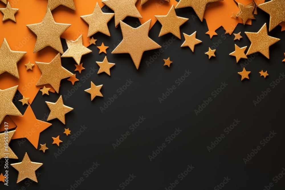 Poster a group of gold stars on an orange and black background with space for a text or an image with a pla