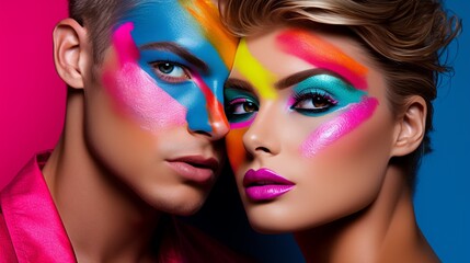 Obraz premium Close up of a young male model and a young female model with colorful makeup on the face, portrait showing modern lifestyle.