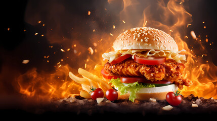 Fresh crispy fried chicken burger sandwich with flying ingredients and spices hot ready to serve and eat food commercial advertisement menu banner with copy space area - Generated by Generative AI	
 - obrazy, fototapety, plakaty