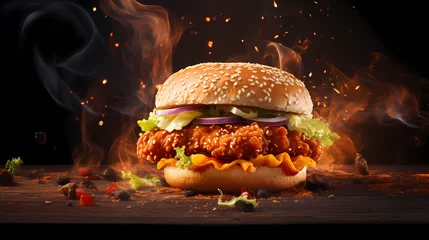Fotobehang Fresh crispy fried chicken burger sandwich with flying ingredients and spices hot ready to serve and eat food commercial advertisement menu banner with copy space area - Generated by Generative AI   © Zubenko Oleksii