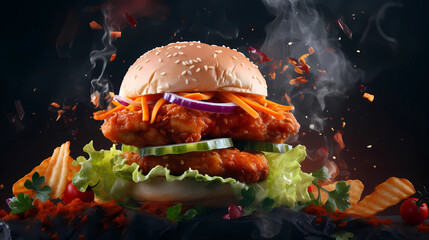 Fresh crispy fried chicken burger sandwich with flying ingredients and spices hot ready to serve and eat food commercial advertisement menu banner with copy space area - Generated by Generative AI	
