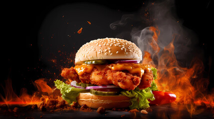 Fresh crispy fried chicken burger sandwich with flying ingredients and spices hot ready to serve and eat food commercial advertisement menu banner with copy space area - Generated by Generative AI	
 - obrazy, fototapety, plakaty
