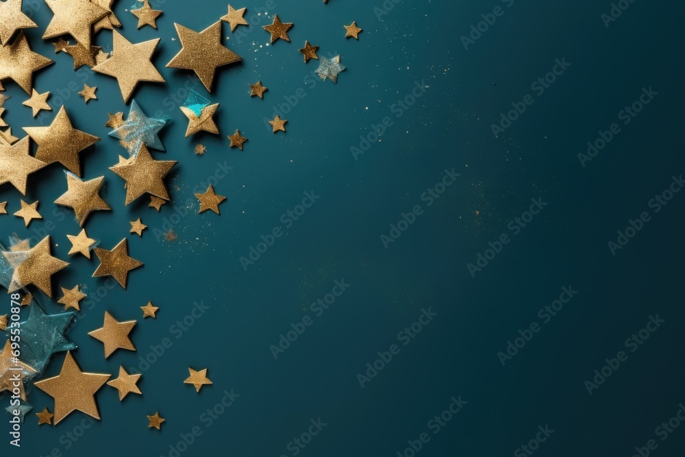 Poster a group of gold stars on a blue background with a place for a text or an image to put on a card or a