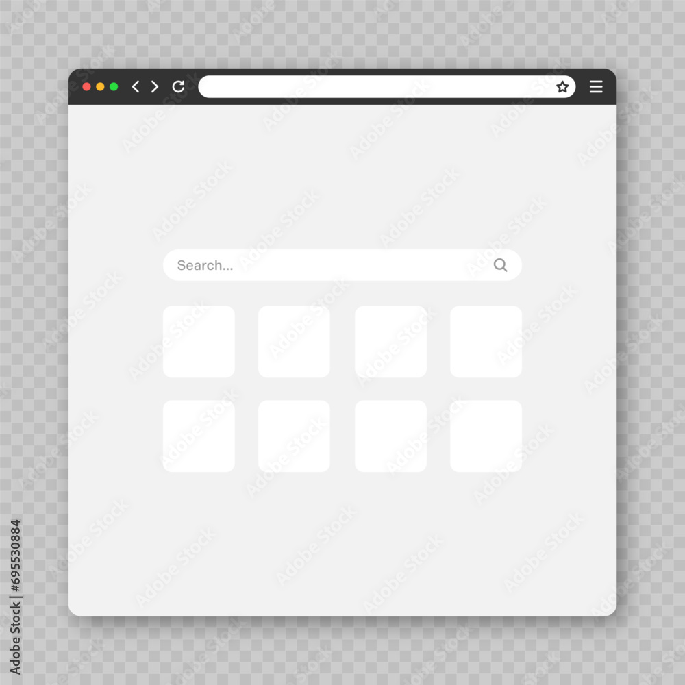 Poster blank web browser window with tab, toolbar and search field. modern website, internet page in flat s