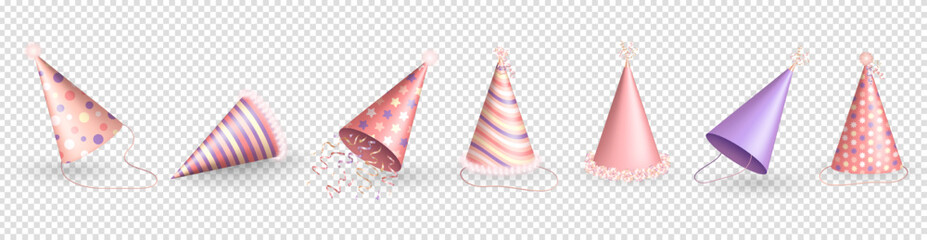 Fototapeta premium Three dimensional realistic pastel pink and purple birthday hats or party paper caps in cone shape with different patterns, colorful ribbons and bows. 3d party hats for celebration event, anniversary