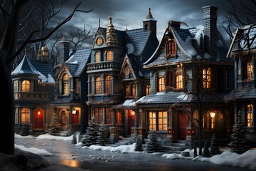 Winter night in the village. Panoramic view of the snow-covered houses.