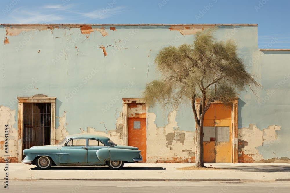 Poster an old blue car is parked in front of a run down building with a palm tree in front of it and a door
