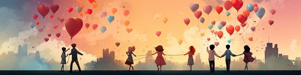 Watercolor painting of people holding up hearts. - obrazy, fototapety, plakaty