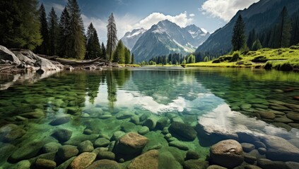 Calm pond with green grass and rocks that reflect a mountain lake - obrazy, fototapety, plakaty