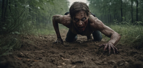 Zombie crawls on the ground. Creep and fear. Horror