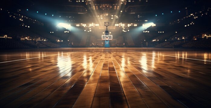 Hardwood floor on an indoor wooden backetball court.