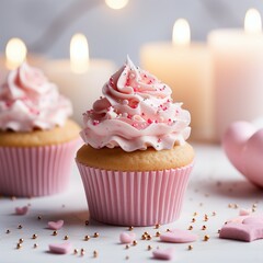 Cute cupcake with pink hearts on blurred background with bokeh. Sweet food festival. AI generated.