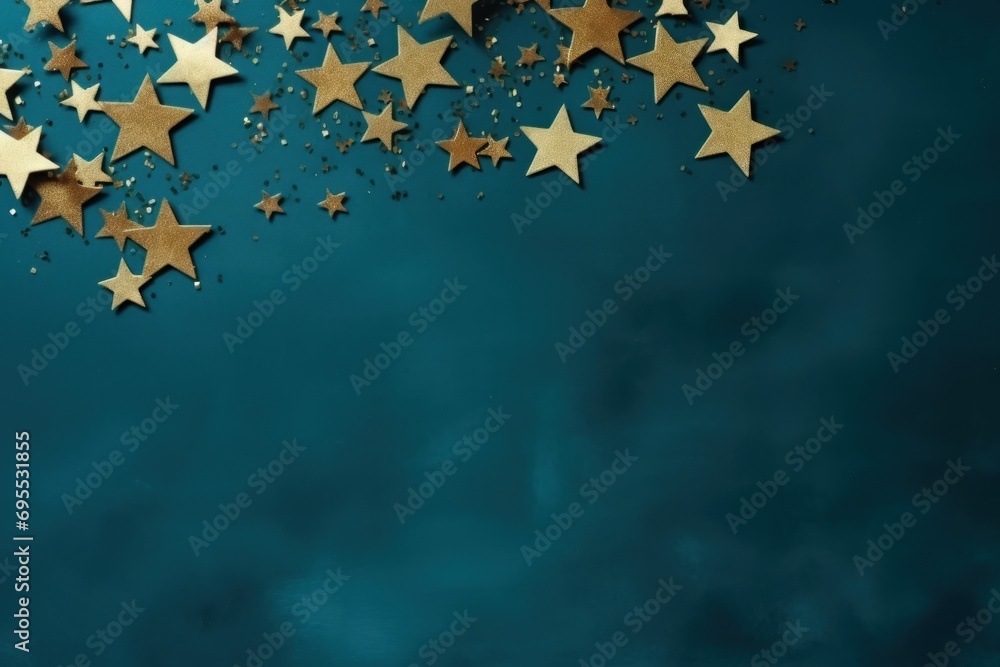 Poster a group of gold stars on a blue background with space for a text or a picture or an image to put on 