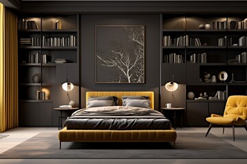 Contemporary elegance in a bedroom with a 3D intricate pattern in yellow and black on the bookshelf backing, set against dark taupe walls