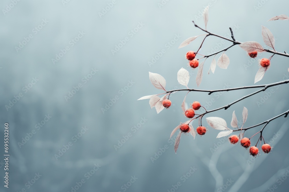 Poster a branch with red berries hanging from it's leaves and a foggy sky in the background with only one t