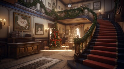 Obraz na płótnie Canvas Explore the hyper-realistic scene of a Christmas invitation in a vintage hall, a grand staircase and Christmas tree