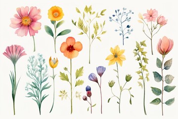 collection of beautiful flowers in watercolor effect made with generative ai 