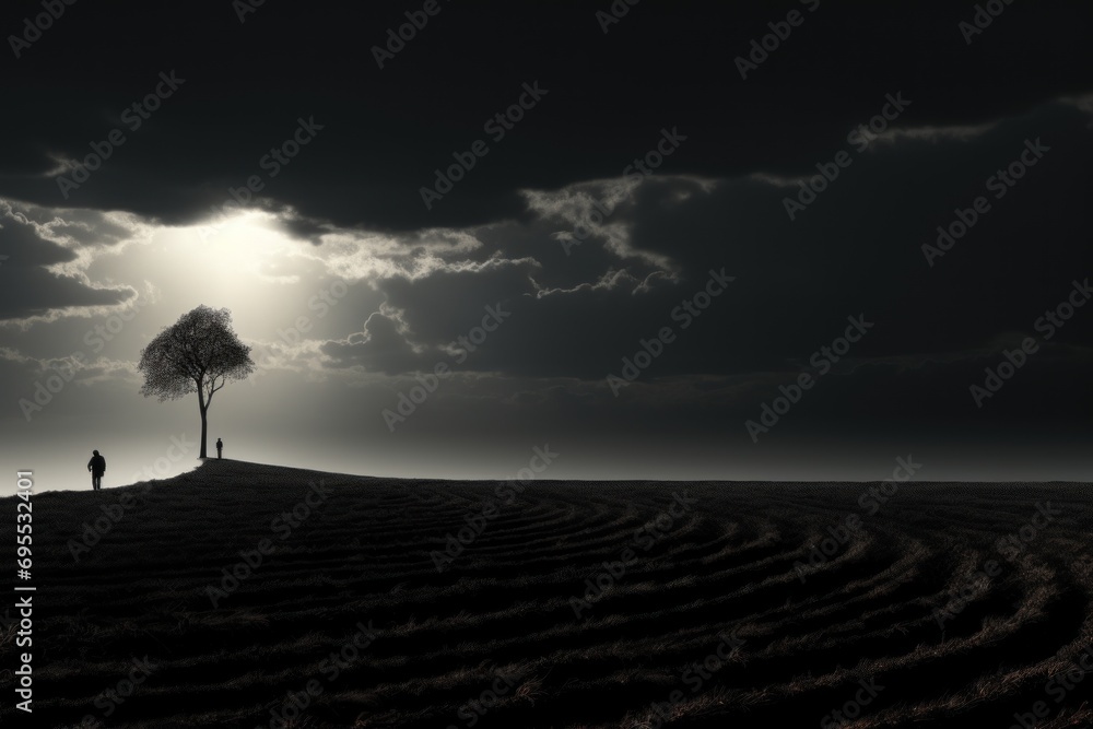 Poster a lone tree stands in the middle of a plowed field under a dark sky with a lone man standing under a