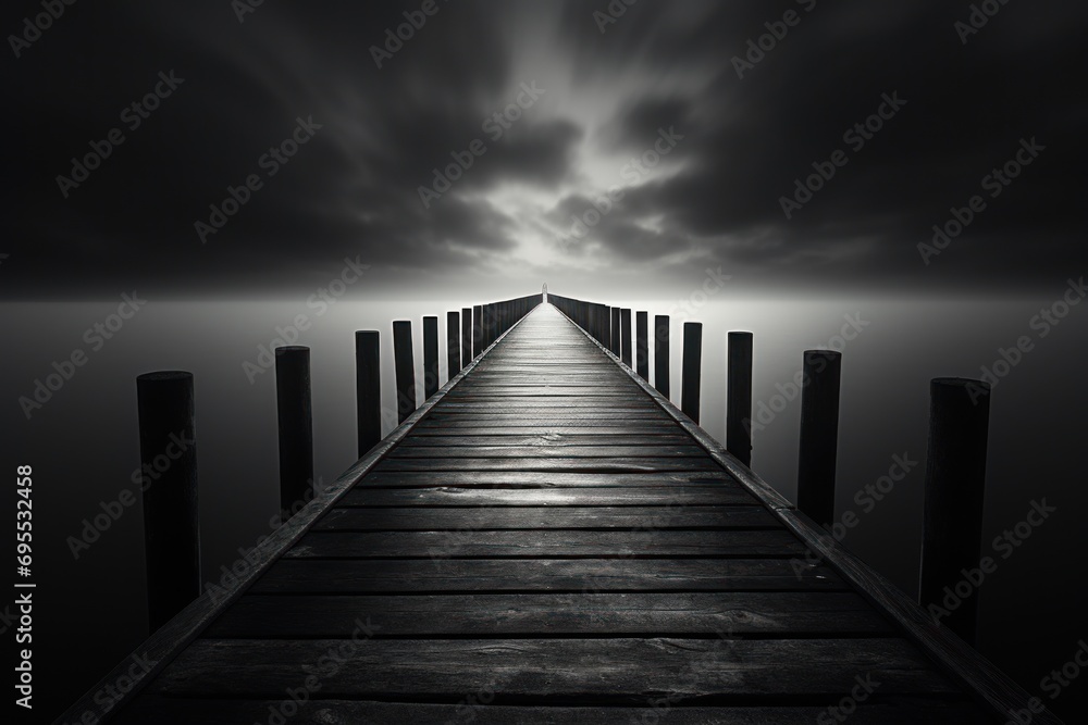 Poster a black and white photo of a dock in the middle of a body of water with dark clouds in the sky and t