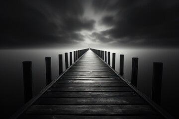  a black and white photo of a dock in the middle of a body of water with dark clouds in the sky and the end of the dock in the foreground. - Powered by Adobe