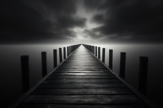  a black and white photo of a dock in the middle of a body of water with dark clouds in the sky and the end of the dock in the foreground.