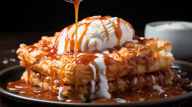 A macro shot of bubbling caramel oozing down the sides of a freshly baked apple pie, highlighting the gooey, indulgent sweetness that awaits those who take a bite.