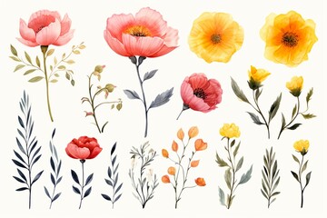collection of beautiful flowers in watercolor effect made with generative ai 