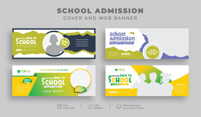 School admission Facebook cover and web banner bundle, kids' online education social media posts, or back-to-school banners - obrazy, fototapety, plakaty