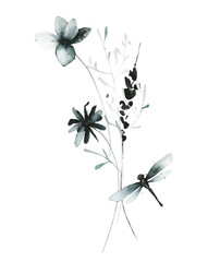 Watercolor painted floral bouquet of blue, gray, black daisy, chamomile, wild flowers, leaves, branches, field herbs, dragonfly. Hand drawn illustration. Watercolour artistic drawing.