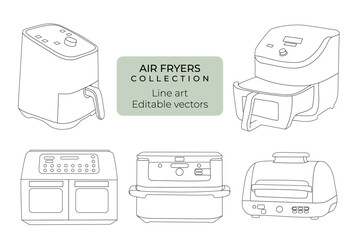 Set of hand drawn editable vector line art illustrations of air fryers new appliances outline