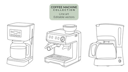 Set of hand drawn editable vector line art illustrations of coffee machines appliances outline