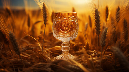 Beautiful Beer Glass Amidst a Gilded Background with Artfully Arranged Wheat, Craft Beer Connoisseur's Dream