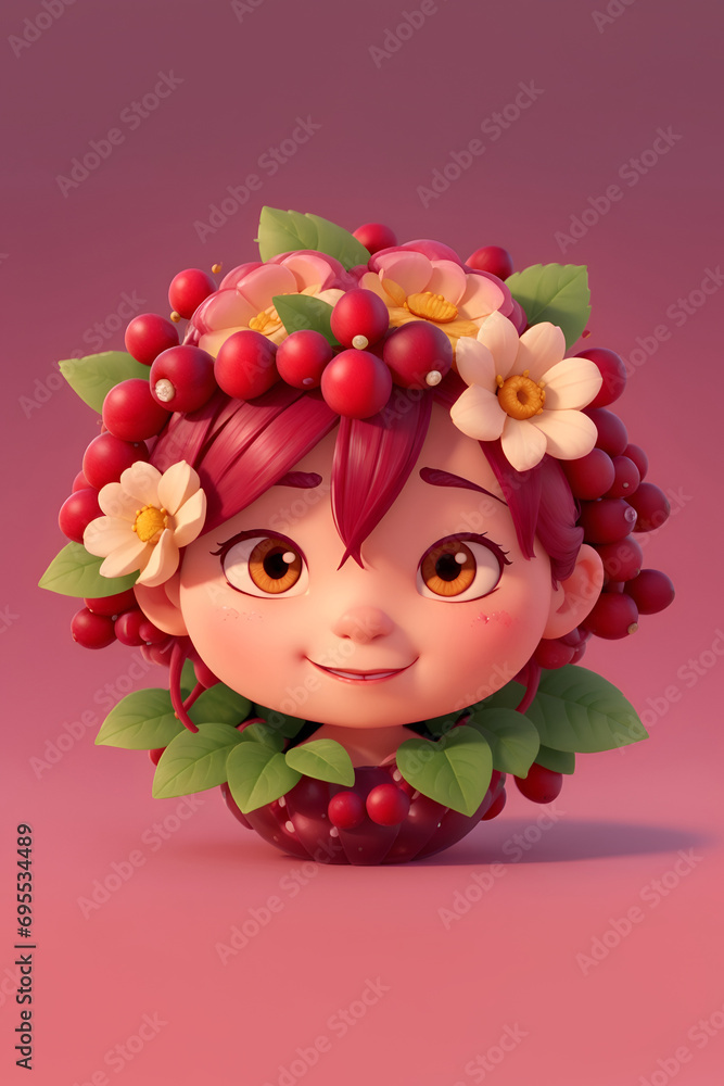 Poster cute girl character designed with round flowers and fruits frame