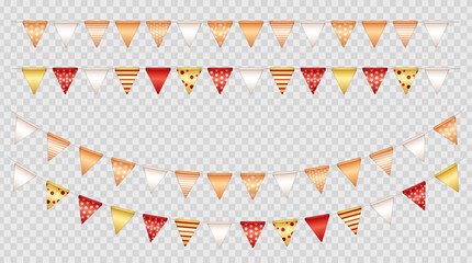Collection of 4 realistic party flags, bunting on transparent background. Set of 3d multicolored  pennants, seamless festive triangle garlands with pattern for birthday celebration, festival, carnival - obrazy, fototapety, plakaty