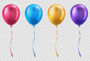 Set of 3d realistic glossy blue, pink, yellow and purple balloons with string on transparent background. Colorful three dimensional shiny helium balloons for party, birthday, anniversary, wedding
