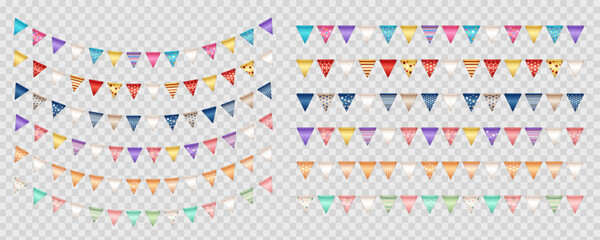 Big set of 12 realistic party flags, hanging buntings on transparent background. 3d multicolored pennants, seamless festive triangle garlands with pattern for birthday celebration, festival, carnival - obrazy, fototapety, plakaty